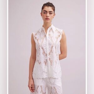 Anne Fontaine Paris White Lace Baie Sleeveless Button Up Blouse Size XL US 42 EU